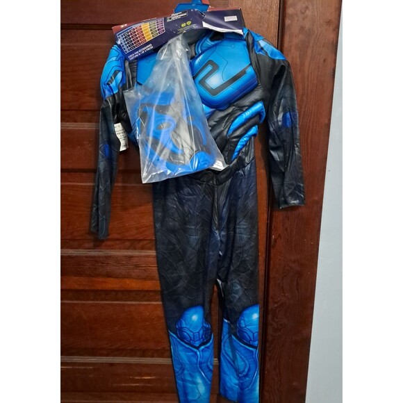 DC Blue Beetle Halloween Costume Medium 8 Kids Jumpsuit Mask Comic Book Hero - Picture 3 of 14
